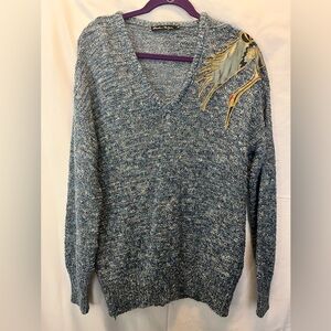 Soft Blue Wool Sweater with Embroidered Design